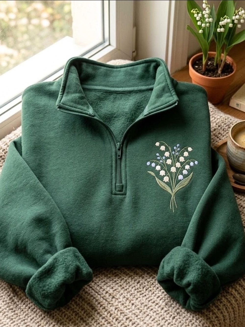 Green Embroidered Half-Zip Sweater - Lily of the Valley